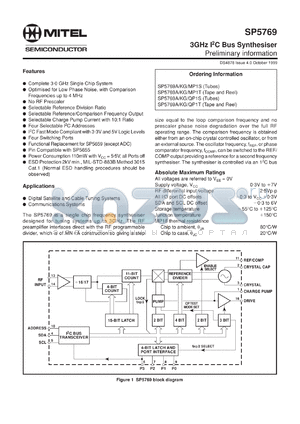 SP5769MP1S datasheet - 0.3-7.0V; 3GHz I2C bus synthesiser. For digital satellite, cable and terrestrial tuning systems, commnucations systems