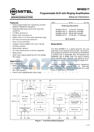 MH88617AV-PI datasheet - 0.3-6.0V; programmable SLIC with ringing amplification. For PABX/key telephone system, analog terminal adaptors, pair gain system, fibre in the loop/wireless local loop