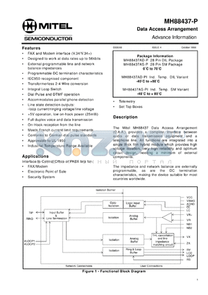 MTH88437AS-P datasheet - 0.3-6.0V; data access arrangement. For FAX/modem, electronic point of sale, security system