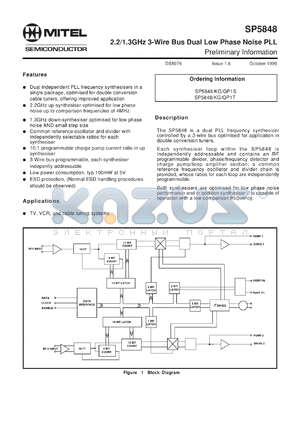 SP5848QP1S datasheet - 0.3-7.0V; 2.2/1.3GHz 3-wire bus dual low phase noise PLL. For TV, VCR, cable tuning systems