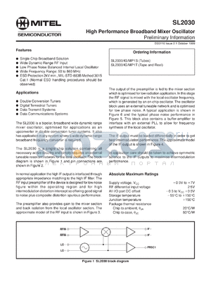 SL2030MP1S datasheet - 0.3-7.0V; high performance broadband mixer oscillator. For double conversion tuners, digital terrestrial tuners