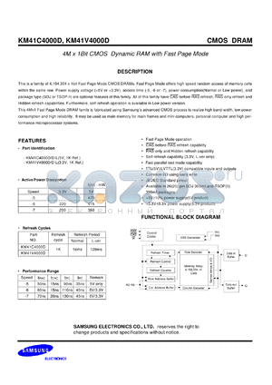 KM41V4000DLT-7 datasheet - 4M x 1Bit CMOS dynamic RAM with fast page mode, 3.3V, 128ms refresh, 70ns