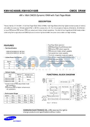 KM416C4100BS-5 datasheet - 4M x 16Bit CMOS dynamic RAM with fast page mode, 5V, 4K refresh, 50ns