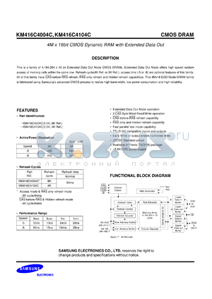 KM416C4004CS-6 datasheet - 4M x 16Bit CMOS dynamic RAM with extended data out, 5V, 8K refresh, 60ns