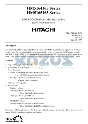 HM5165165LTT-6 datasheet - 64M EDO DRAM (4-Mword x 16-bit), 60ns