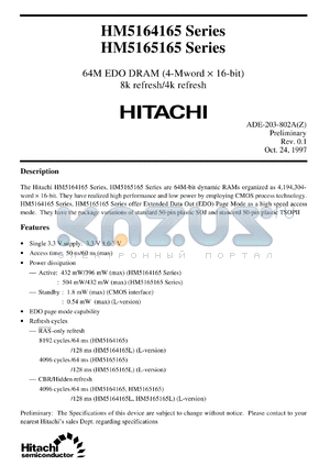 HM5165165TT-6 datasheet - 64M EDO DRAM (4-Mword x 16-bit), 60ns