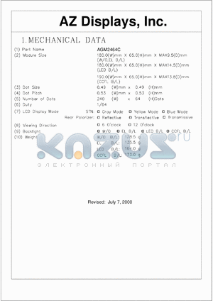 AGM2464C-RC-GTS-T datasheet - 0.3-7.0V; number of dots: 240 x 64dots; dot size:0.49 x 0.49mm; dot pitch:0.53 x 0.53mm; AZ display