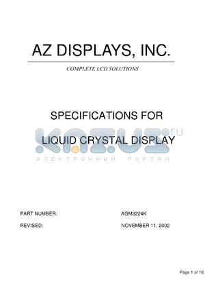 AGM3224K-FN-FLW-T datasheet - 0.3-7.0V; number of dots: 320 x 240dots; dot size:0.225 x 0.225mm; dot pitch:0.24 x 0.24mm; liquid crystal display