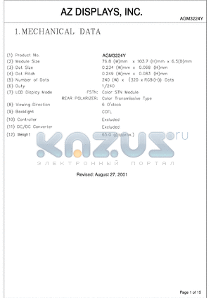 AGM3224Y-NC-FBD-T datasheet - 0.3-7.0V; number of dots: 240 x 320dots; dot size:0.234 x 0.068mm; dot pitch:0.249 x 0.083mm; AZ display