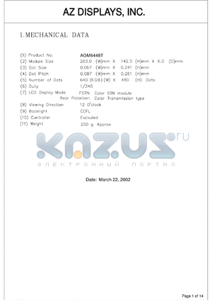 AGM6448T-NC-FTD-T datasheet - 0.3-7.0V; number of dots: 640 x 480dots; dot size:0.067 x 0.241mm; dot pitch:0.087 x 0.261mm; AZ display