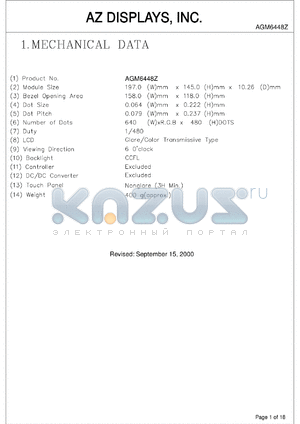 AGM6448Z-NC-GBS-T datasheet - 0.3-7.0V; number of dots: 640 x 480dots; dot size:0.064 x 0.222mm; dot pitch:0.079 x 0.237mm; AZ display