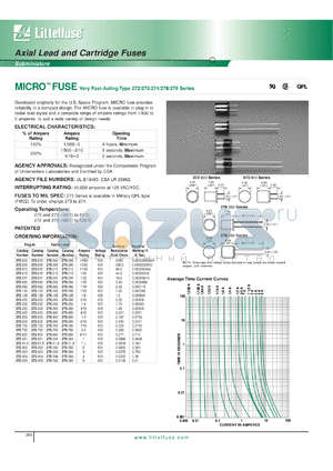 272003 datasheet - MICRO fuse, very fast-acting type. Plug-in. Ampere rating 3. Nominal resistance cold 0.0275 Ohms. Voltage rating 125.
