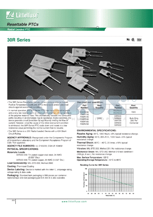 30R090 datasheet - Resettable PTC. Ihold = 0.90A, Itrip = 1.80A, Vmax =30Vdc. 500 per container.