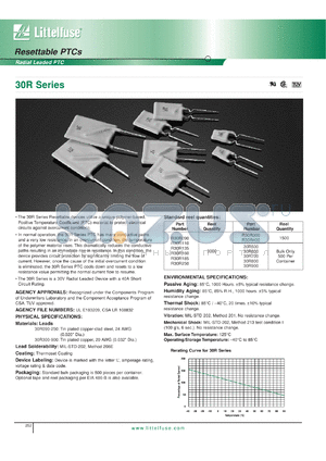 30R185 datasheet - Resettable PTC. Ihold = 1.85A, Itrip = 3.70A, Vmax =30Vdc. Reel quantity 3000.