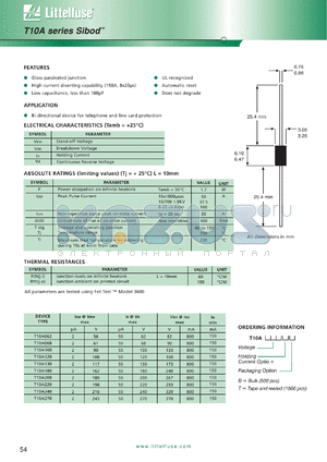 T10A062B datasheet - T10A series SiBOD, glass passivated junction, bi-directional device for telephone and line card protection. Irm = 2uA @ Vrm = 56V,max. Ir = 50uA @ Vr = 62V,max, Bulk (500pcs).
