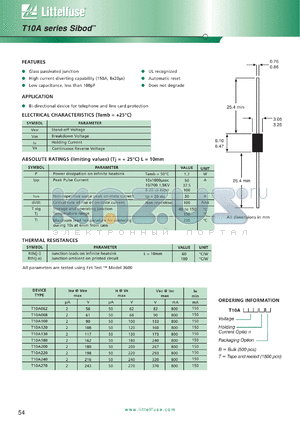 T10A120B datasheet - T10A series SiBOD, glass passivated junction, bi-directional device for telephone and line card protection. Irm = 2uA @ Vrm = 108V,max. Ir = 50uA @ Vr = 120V,max, Bulk (500pcs).