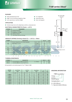 T10B035T datasheet - T10B series Sibod, glass passivated junction, bi-directional device for telephone and line card protection. Irm = 2uA @ Vrm = 32V,max. Ir = 50uA @ Vr = 35V,max, Tape and reeled (1500pcs).