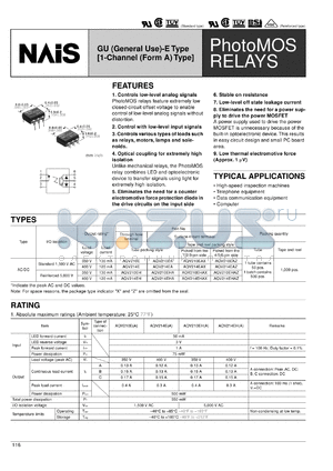 AQV210EAX datasheet - PhotoMOS relay, GU (general use) E-type, 1-channel (form A ) type. I/O isolation: standard 1,500 VAC. Output rating: load voltage 350V, load current 130 mA. Tape and reel packing style, picked from the 1/2/3-pin side.