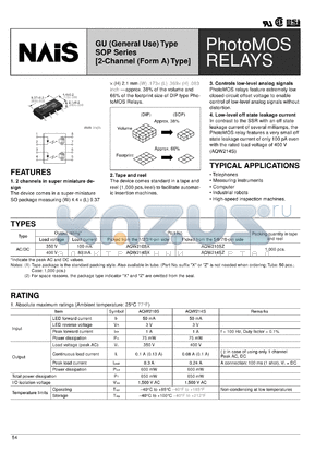 AQW210SX datasheet - PhotoMOS relay, GU (general use), [2-channel (form A) type]. AC/DC type. Output rating: load voltage 350 V, load current 100 mA. Picked from the 1/2/3/4-pin side.