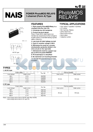 AQZ202 datasheet - Power photoMOS relay, 1-channel (form A). Output rating: load voltage 60 V, load current 3.0 A.