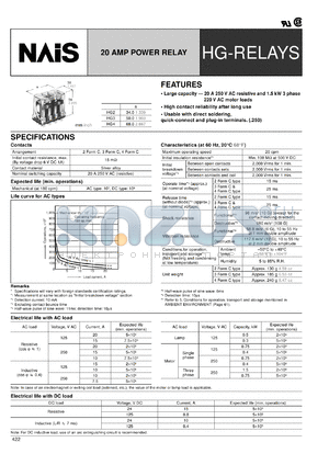 HG2-DC12V datasheet - HG-relay. 20 Amp power relay. DC type. 2 form C. Nominal coil voltage 12 V DC.