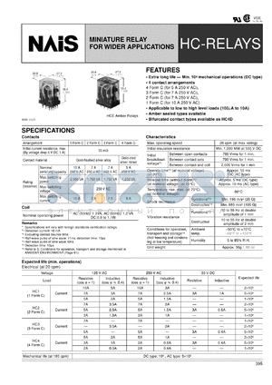 HC1E-HP-AC48V datasheet - Amber HCE-relay. Miniature relay for wide applications. 1 form C. Coil voltage 48 V AC. PC board terminal. Standard type.