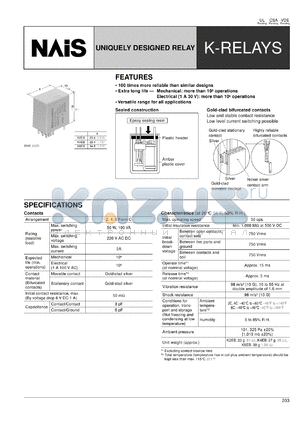 K2EB-3V-1 datasheet - K-relay. Uniquely designed relay. 2 form C. Coil voltage 3 V DC. Plug-in and solder. Ordinary sensitive relay. Amber sealed type.