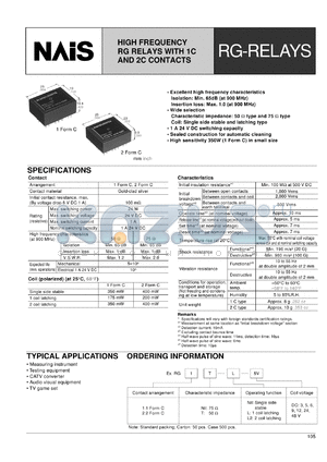 RG2-12V datasheet - High frequency RG relays with 2C contact. 2 form C. Single side stable. Nominal voltage 12 V DC. Characteristic impedance 75 ohm.