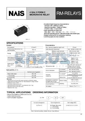 RM2-L-9V datasheet - RM-realy. 4 GHz 2 form C microwave relay. 1 coil latching type. Nominal voltage 9 V DC.