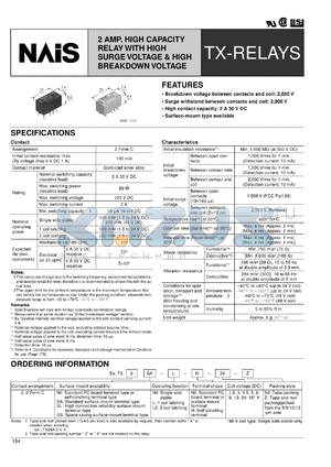 TX2SA-1.5V datasheet - TX-relay. 2 Amp. High capacity relay with high surge voltage & high breakdown voltage. Standard surface-mount terminal type. Single side stable. Nominal voltage 1.5 V DC.