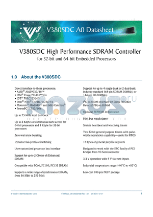 V380SDC-75REVA0 datasheet - High performance SDRAM controller for 32-bit and 64-bit embedded processors. Frequency 75 MHz.