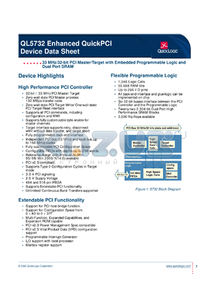 QL5732-33BPS484C datasheet - 33 MHz/33-bit PCI master/target with embedded programmable logic and dual port SRAM.