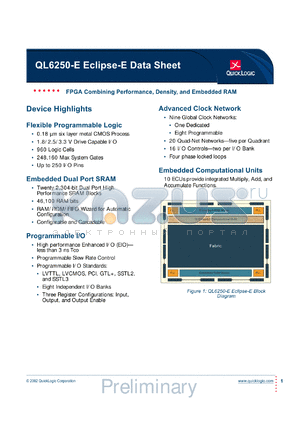 QL6250-E-6PQ208C datasheet - FPGA combining performance, density and embedded RAM.