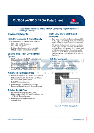 QL3004-1PL68I datasheet - 4,000 usable PLD gate pASIC 3 FPGA combining high performance and high density.