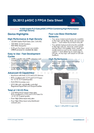 QL3012-0PL84C datasheet - 12,000 usable PLD gate pASIC 3 FPGA combining high performance and high density.