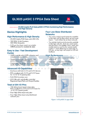 QL3025-3PF144C datasheet - 25,000 usable PLD gate pASIC 3 FPGA combining high performance and high density.