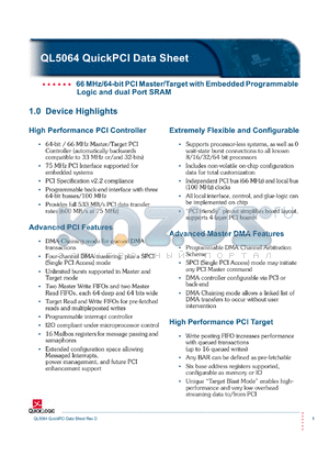 QL5064-75CPB484C datasheet - 66MHz/64-bit PCI master/target with embedded programmable logic and dual port SRAM.