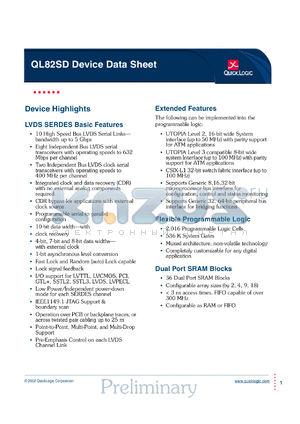 QL82SD-5PQ208C datasheet - LVDS SERDES, flexible programmable logic, dual port SRAM.
