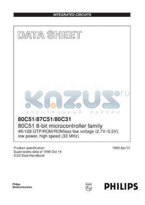 SC80C51UBAA datasheet - 33 MHz, 8-bit microcontroller family, 4K/128 OTP/ROM/ROMless low voltage 5 V, low power, high speed