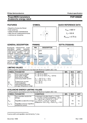 PHW10N60E datasheet - 600 V, power MOS transistor avalanche energy rated