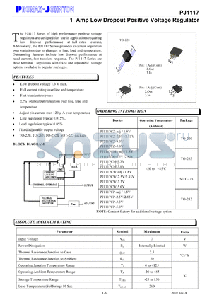 PJ1117CW-1.8V datasheet - 7V; 1Amp low dropout positive voltage regulator