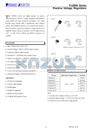 PJ2800CT datasheet - 12V; positive voltage regulator. For wireless communication, cameras, video recorders, portable games, portable AV equipment, battery powered equipment, CD-ROM, DVD and LAN card