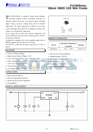 PJ3100 datasheet - 7V; 300mA CMOS LDO with enable. For battery-powered devices, personal communication devices