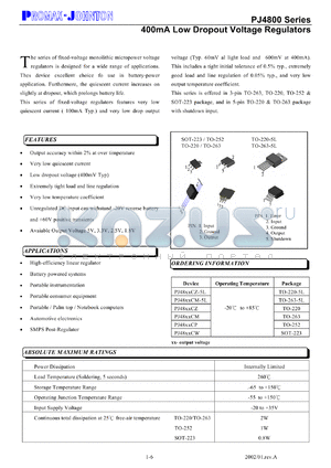 PJ4800CP datasheet - Low dropout voltage regulator. For high-efficiency linear regulator, battery powered systems, portable instrumentation, portable consumer equipment