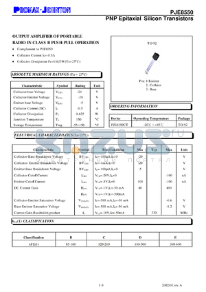 PJE8550CT datasheet - 20V; 0.5A; PNP epitaxial silicon transistor