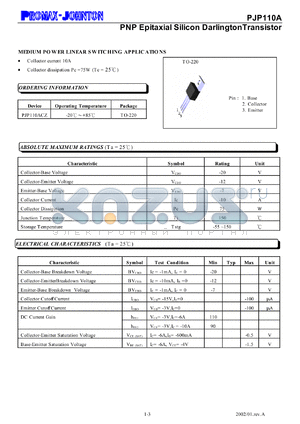 PJP110ACZ datasheet - 20V; 10A; PNP epitaxial silicon darlington transistor