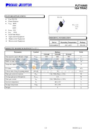 PJT16A60CZ datasheet - 16A TRIAC. For solid state relays, light-control equipment, heater-control equipment, motor-control equipment