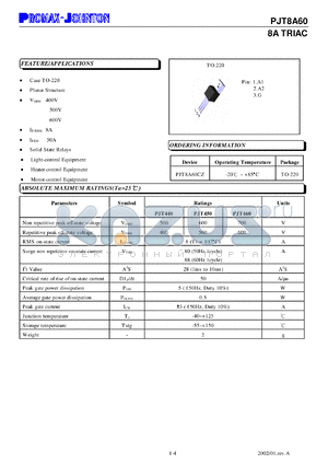 PJT8A60CZ datasheet - 8A TRIAC. For solid state relays, light-control equipment, heater-control equipment, motor-control equipment