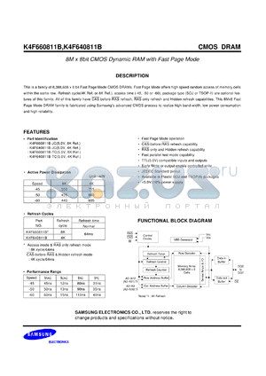 K4F640811B-JC-45 datasheet - 8M x 8bit CMOS dynamic RAM with fast page mode, 5V, 45ns