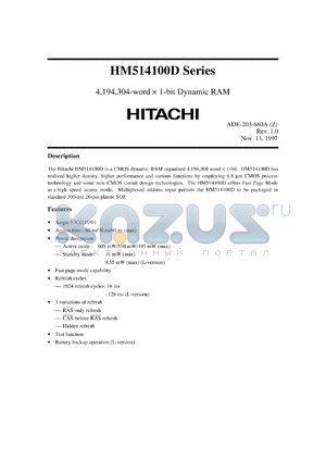 HM514100DS-6 datasheet - 4,194,304-word x 1-bit dynamic RAM, 60ns